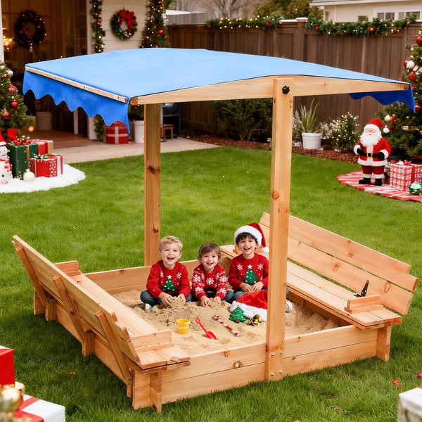 FUNTOK Wooden Sandbox with Cover & Canopy Adjustable in Angle, 48x48"
