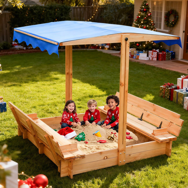 FUNTOK Wooden Sandbox with Cover & Canopy Adjustable in Height Angle