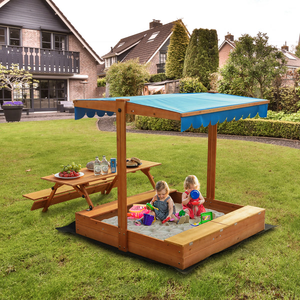 Wooden Sandbox for Kids, 76'' x 45'' x 45'' Sand Box with Storage Boxes & Picnic Table Foldable